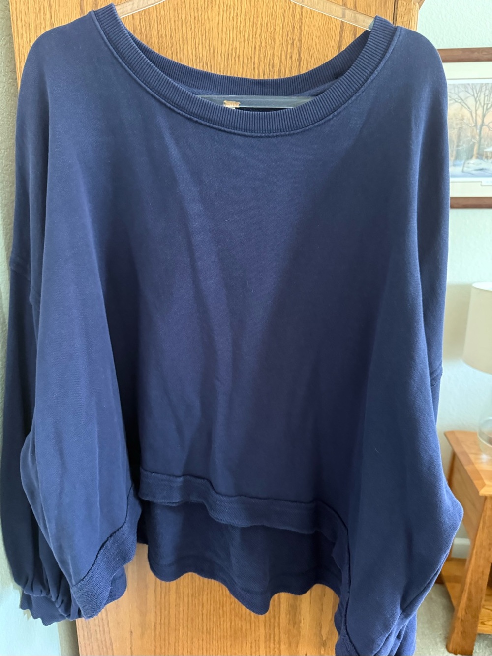 Free People Trish Cotton balloon sleeve Navy Pullover Sweatshirt